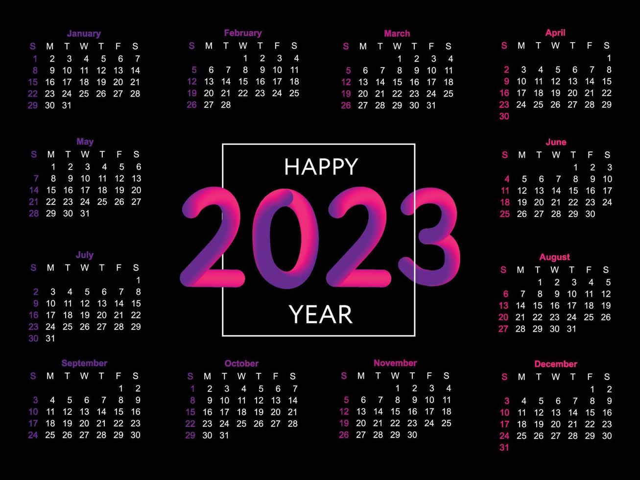 2023 Calendar year vector illustration. The week starts on Sunday. Christmas snowflakes calendar 2023 template. Calendar design Sunday in red colors. Vector