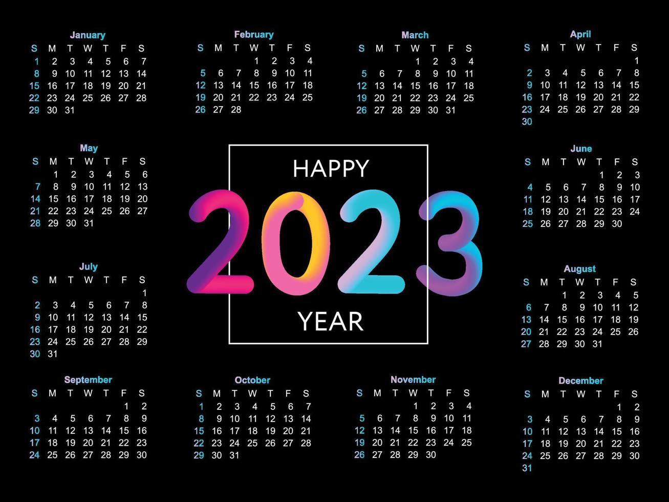 2023 Calendar year vector illustration. The week starts on Sunday. Christmas snowflakes calendar 2023 template. Calendar design Sunday in red colors. Vector