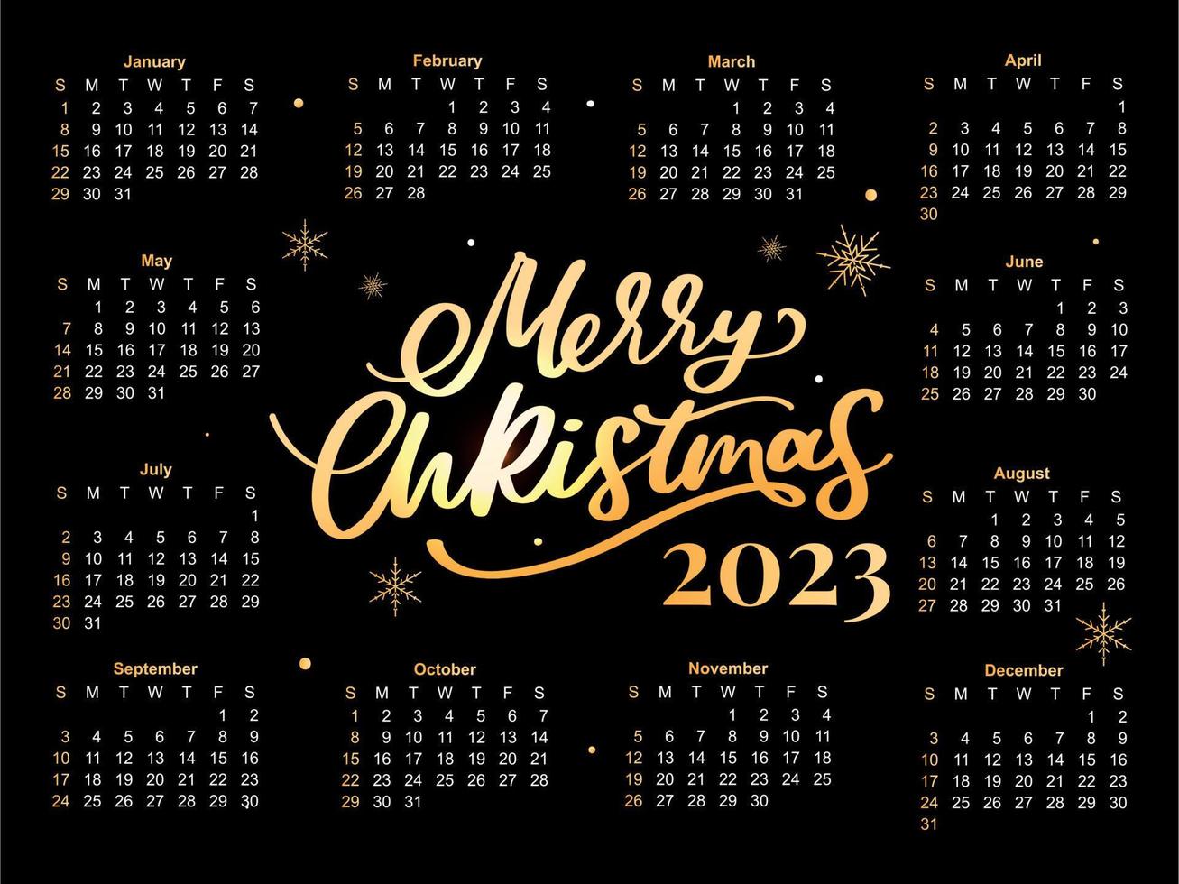 2023 Calendar year vector illustration. The week starts on Sunday. Christmas snowflakes calendar 2023 template. Calendar design Sunday in red colors. Vector