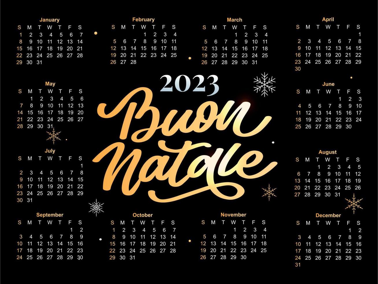 2023 Calendar year vector illustration. The week starts on Sunday. Christmas snowflakes calendar 2023 template. Calendar design Sunday in red colors. Vector