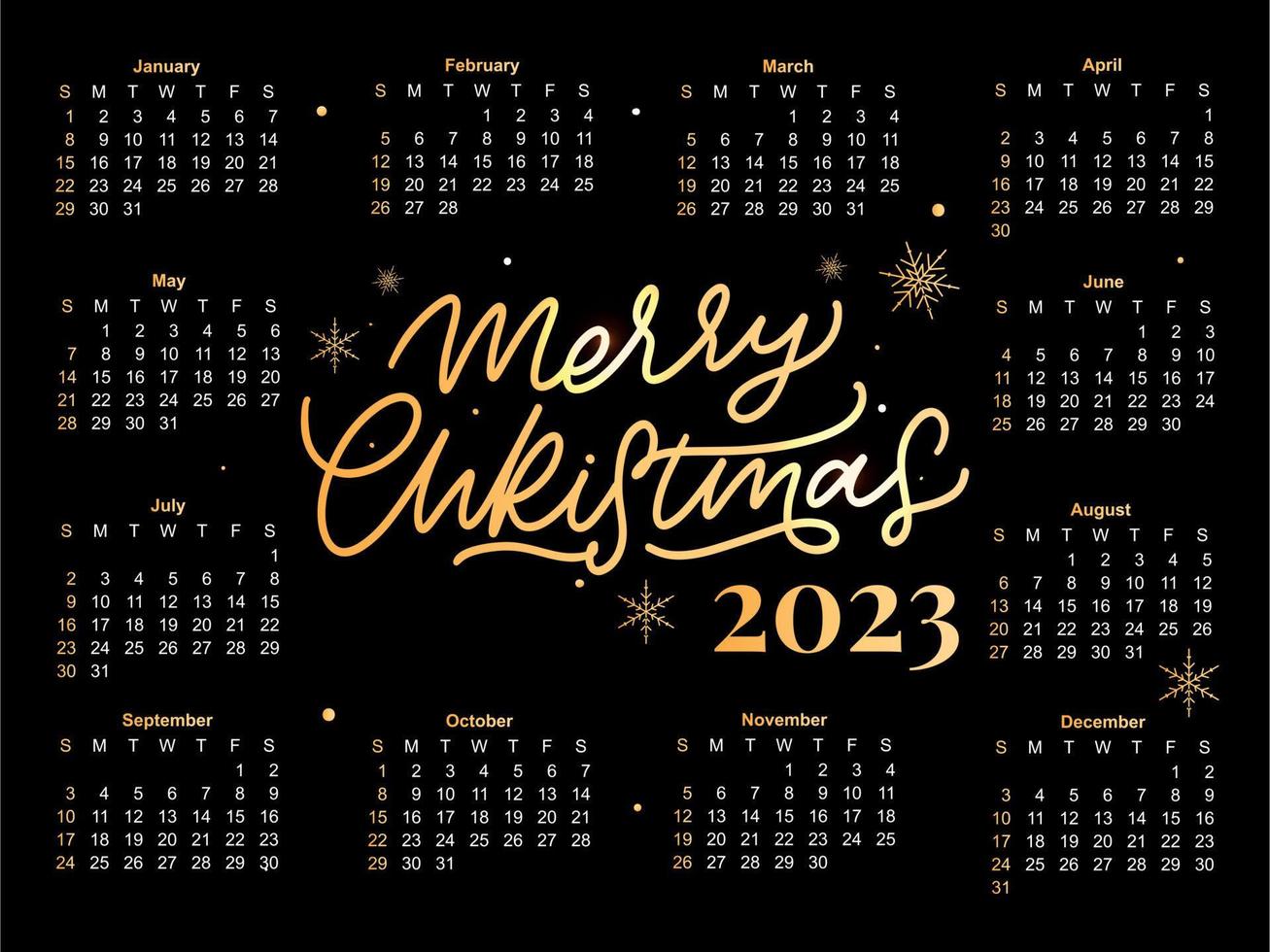 2023 Calendar year vector illustration. The week starts on Sunday. Christmas snowflakes calendar 2023 template. Calendar design Sunday in red colors. Vector