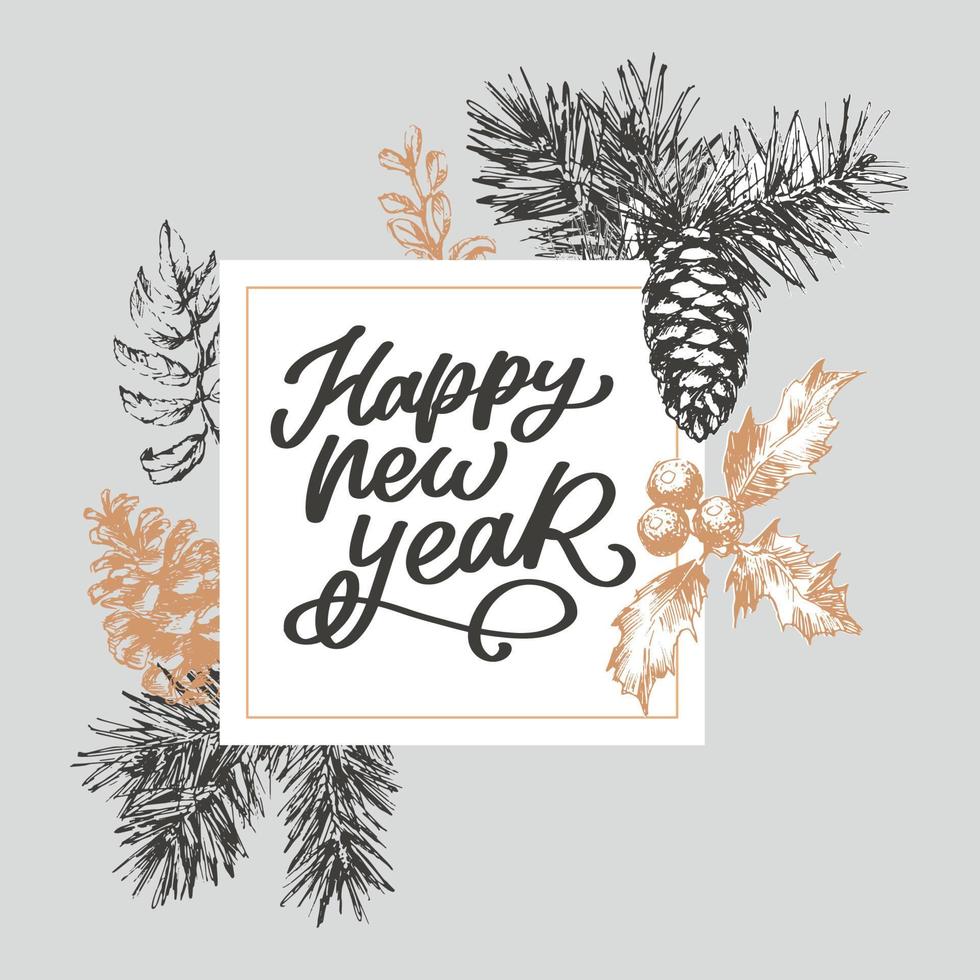 Merry Christmas and Happy New Year Abstract Botanical Card with Square Frame Banner and Modern Typography. Green and Pink Pastel Colors Greeting Layout. Isolated. vector