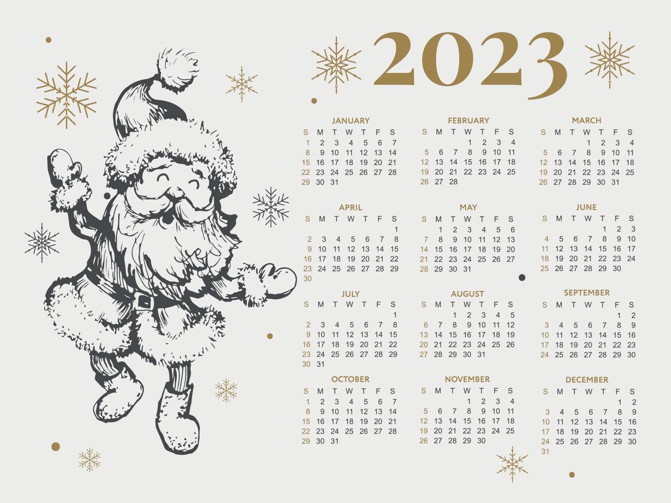 Ilustración vectorial del año calendario 2023. la semana comienza el domingo. plantilla de calendario de copos de nieve de navidad 2023. diseño de calendario el domingo en colores rojos. vector