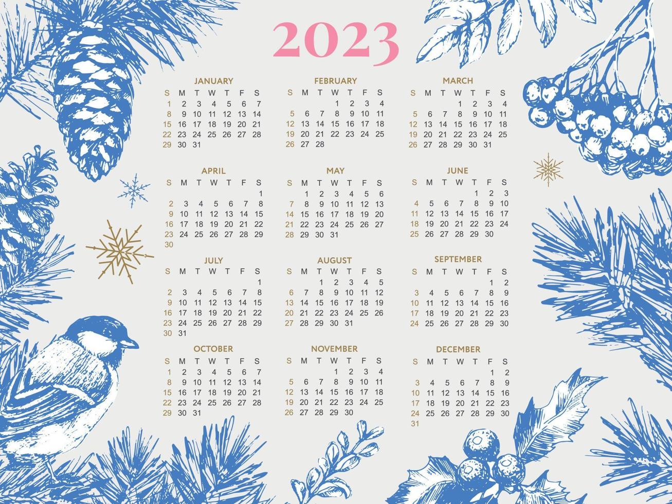 2023 Calendar year vector illustration. The week starts on Sunday. Christmas snowflakes calendar 2023 template. Calendar design Sunday in red colors. Vector