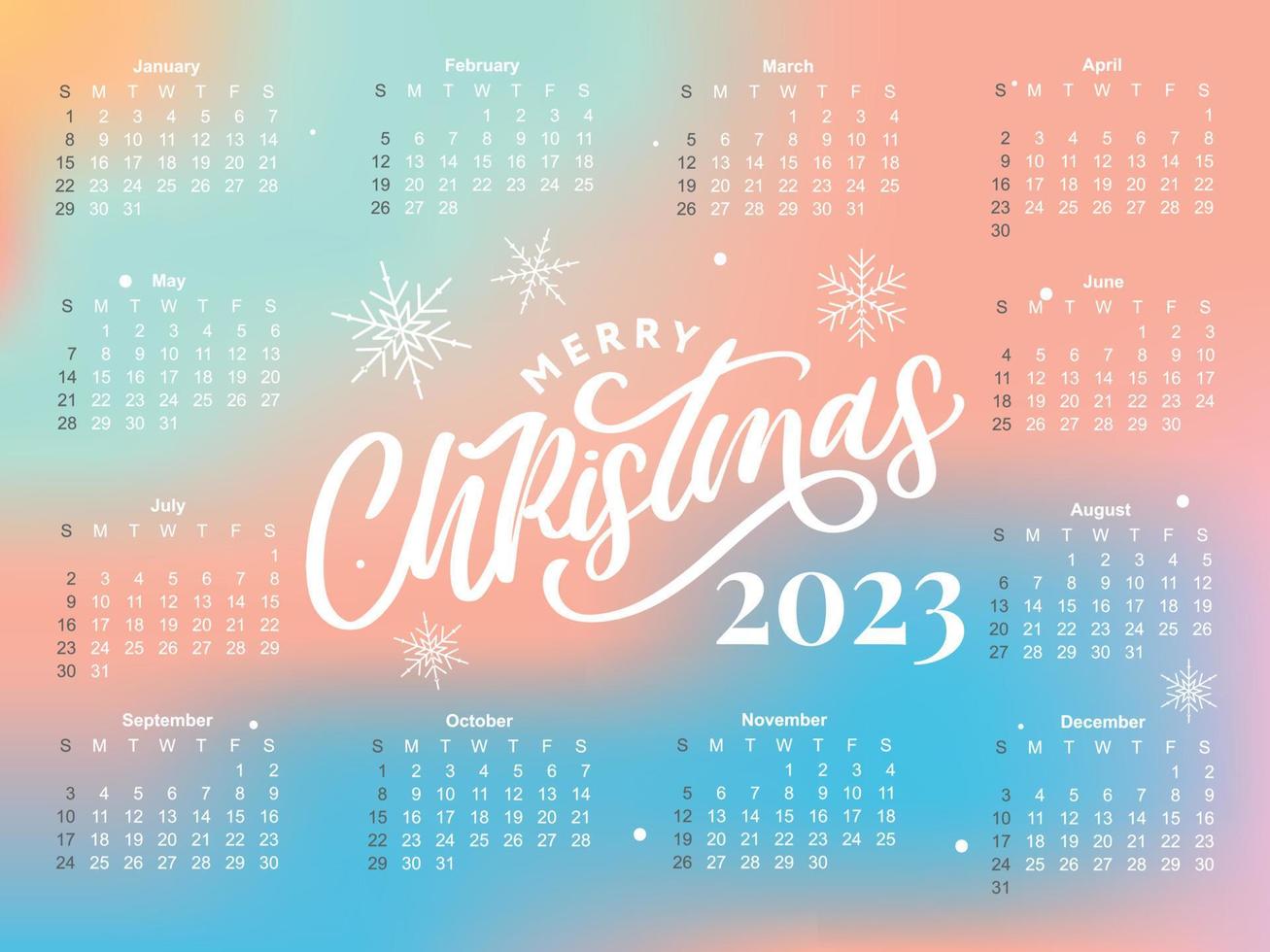 2023 Calendar year vector illustration. The week starts on Sunday. Christmas snowflakes calendar 2023 template. Calendar design Sunday in red colors. Vector