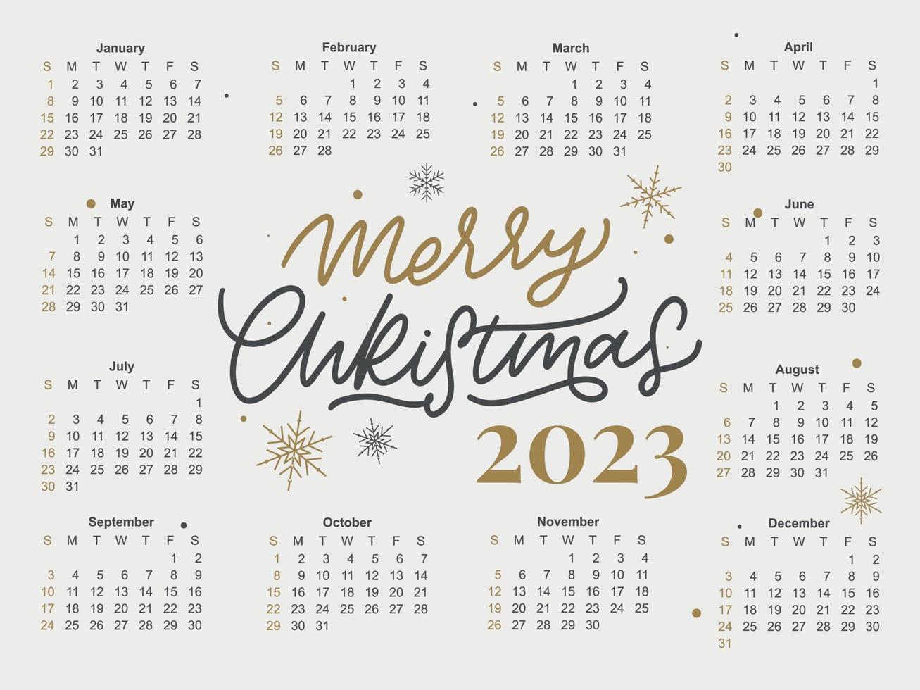 2023 Calendar year vector illustration. The week starts on Sunday. Christmas snowflakes calendar 2023 template. Calendar design Sunday in red colors. Vector