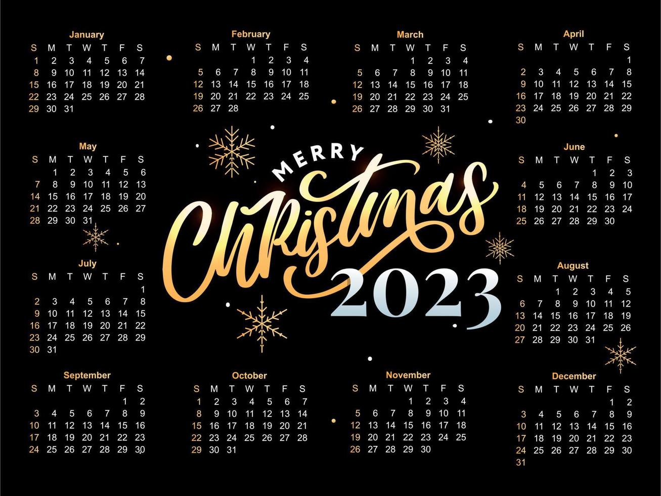 2023 Calendar year vector illustration. The week starts on Sunday. Christmas snowflakes calendar 2023 template. Calendar design Sunday in red colors. Vector