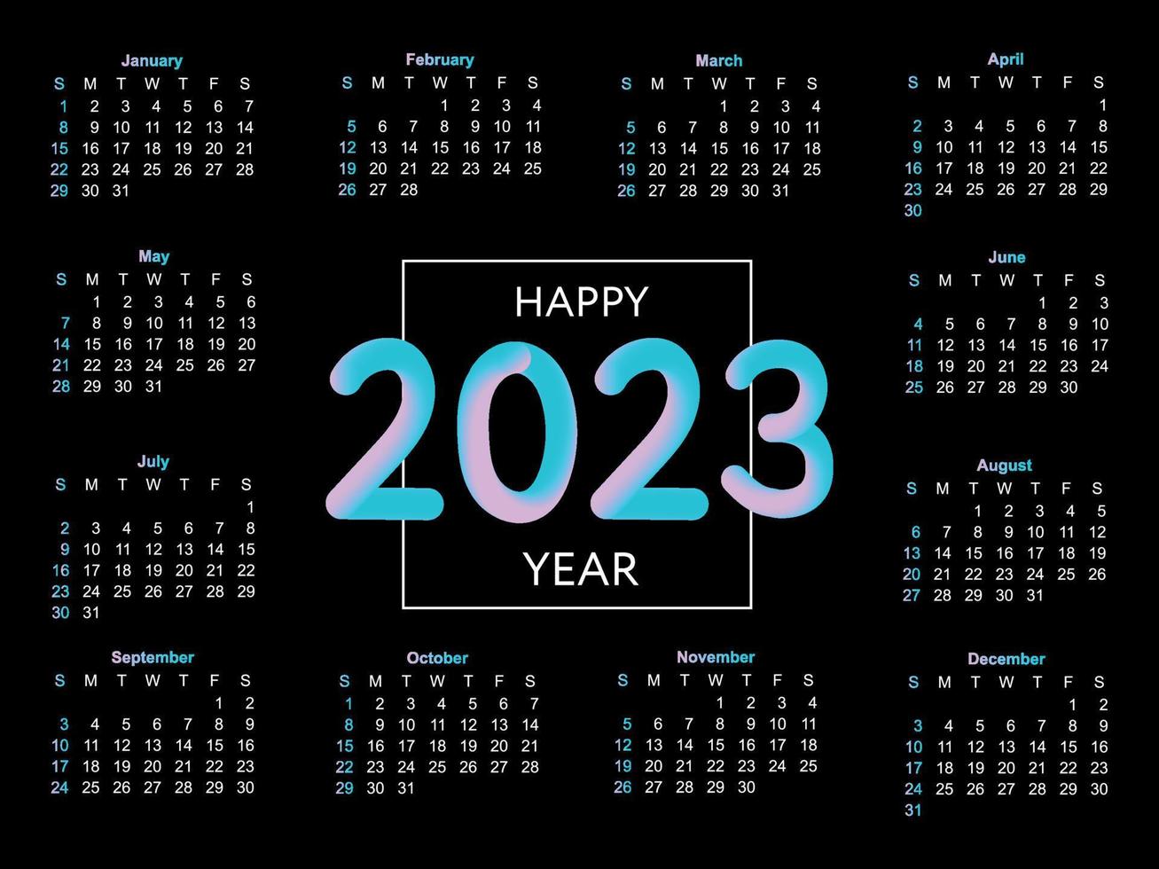 2023 Calendar year vector illustration. The week starts on Sunday. Christmas snowflakes calendar 2023 template. Calendar design Sunday in red colors. Vector
