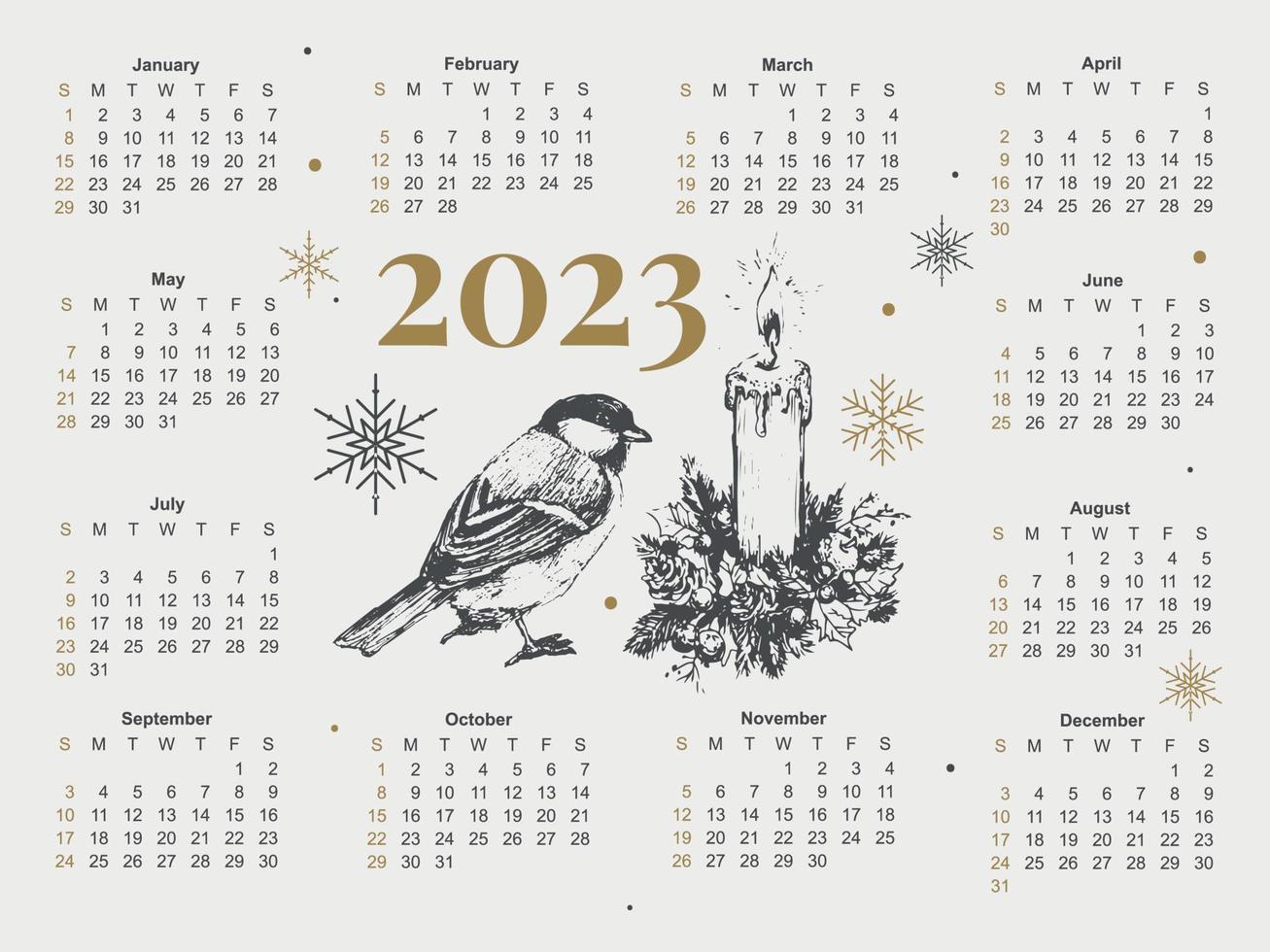 Ilustración vectorial del año calendario 2023. la semana comienza el domingo. plantilla de calendario de copos de nieve de navidad 2023. diseño de calendario el domingo en colores rojos. vector