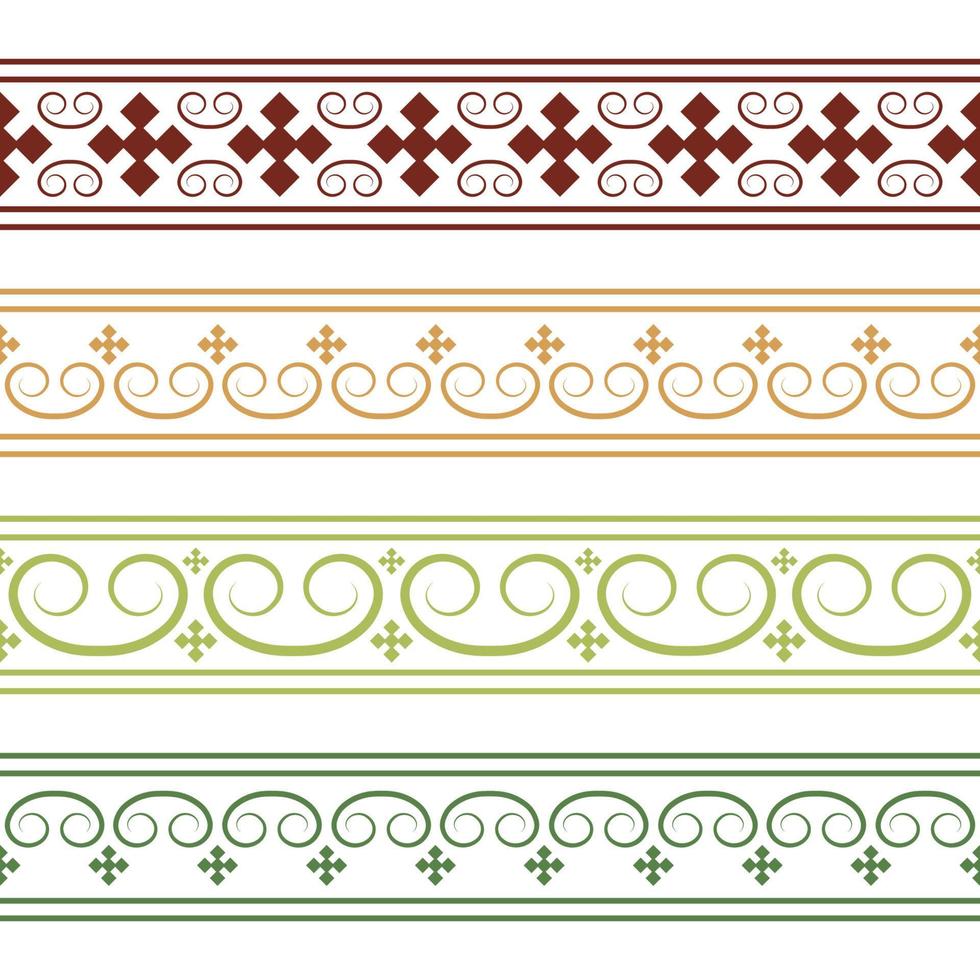 Vector set of seamless endless colored Yakut ornaments. Frames, borders, enclosures, drawing of the Far East. Central Asia traditional pattern. Sakha ornaments vector illustration. Ethnic pattern.