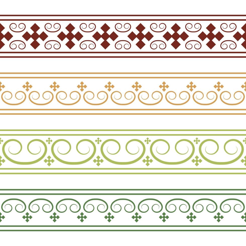 Vector set of seamless endless colored Yakut ornaments. Frames, borders, enclosures, drawing of the Far East. Central Asia traditional pattern. Sakha ornaments vector illustration. Ethnic pattern.