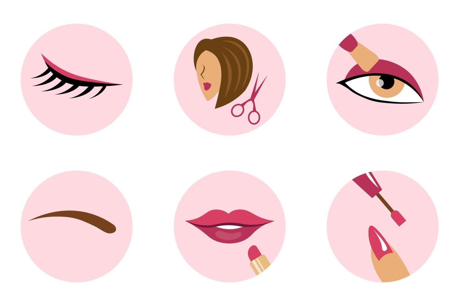 Beauty salon icons vector illustration. Lips, eyebrows, eye make up, nails, hair, manicure and eyelashes. Beauty salon logos isolated. Icons for instagram stories. Pink color social media icons set.