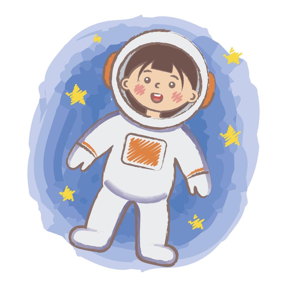 Dreaming about becoming an astronaut. Cosmonaut kid isolated vector illustration. Little astronaut girl. Cartoon astronaut in outer space. Watercolor style illustration. Career day in kindergarten.