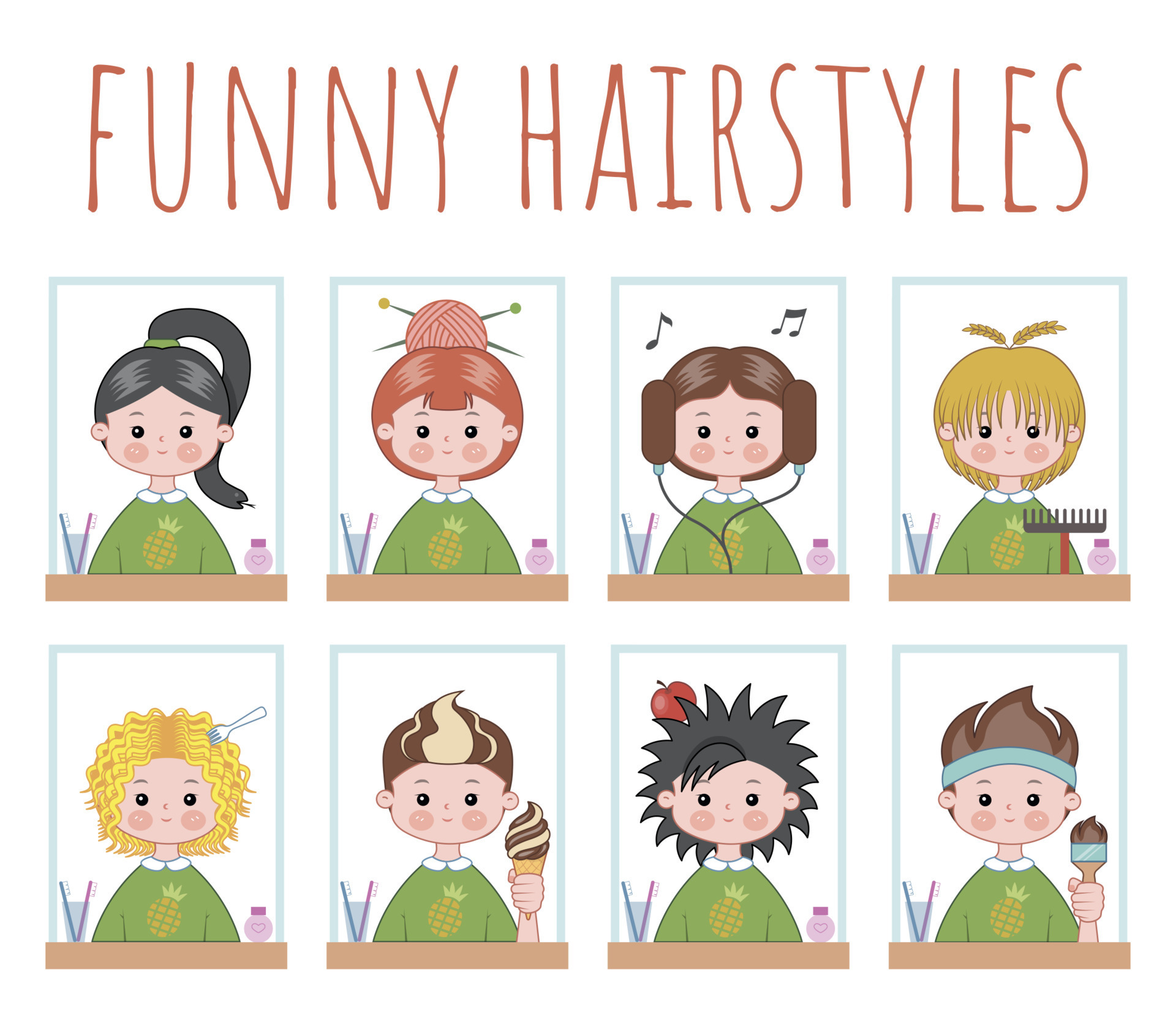 Cute cartoon girl's hair set. Little girls with funny hairstyles. Funny kids  with various hairstyles. Hairstyles collection. girl's hair vector. Kids  standing by the mirror. Choose your hair. 15484007 Vector Art at