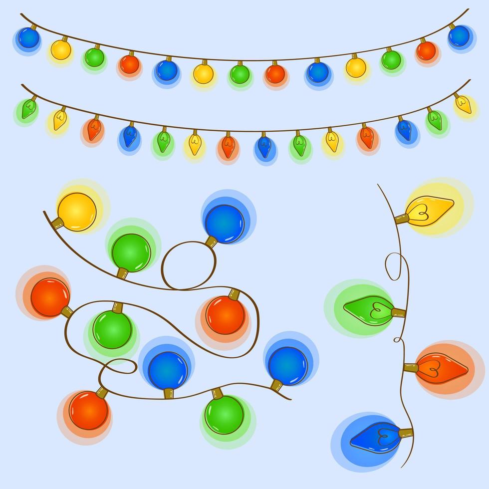 Christmas garland. Set of glowing garland of different colored bulbs of different shapes on blue background. Vector. Illustration. New Year decor for Christmas tree or room. EPS10 vector