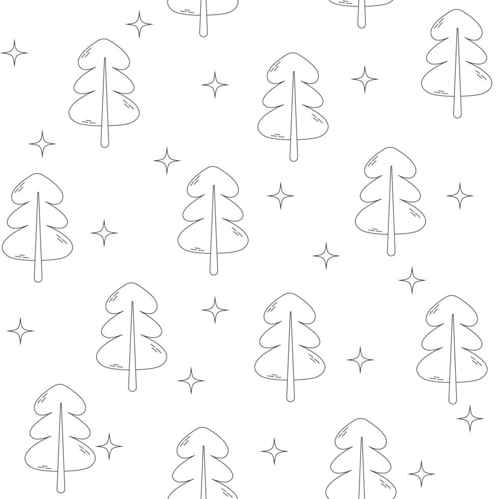 Monochrome doodle seamless pattern with Christmas trees and stars. Cute black and white wallpaper. Vector Design illustration. Happy New Year concept. Winter time