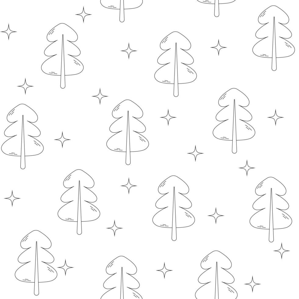 patrón transparente de doodle monocromo con árboles de Navidad y estrellas. lindo fondo de pantalla en blanco y negro. ilustración de diseño vectorial. concepto de feliz año nuevo. horario de invierno vector