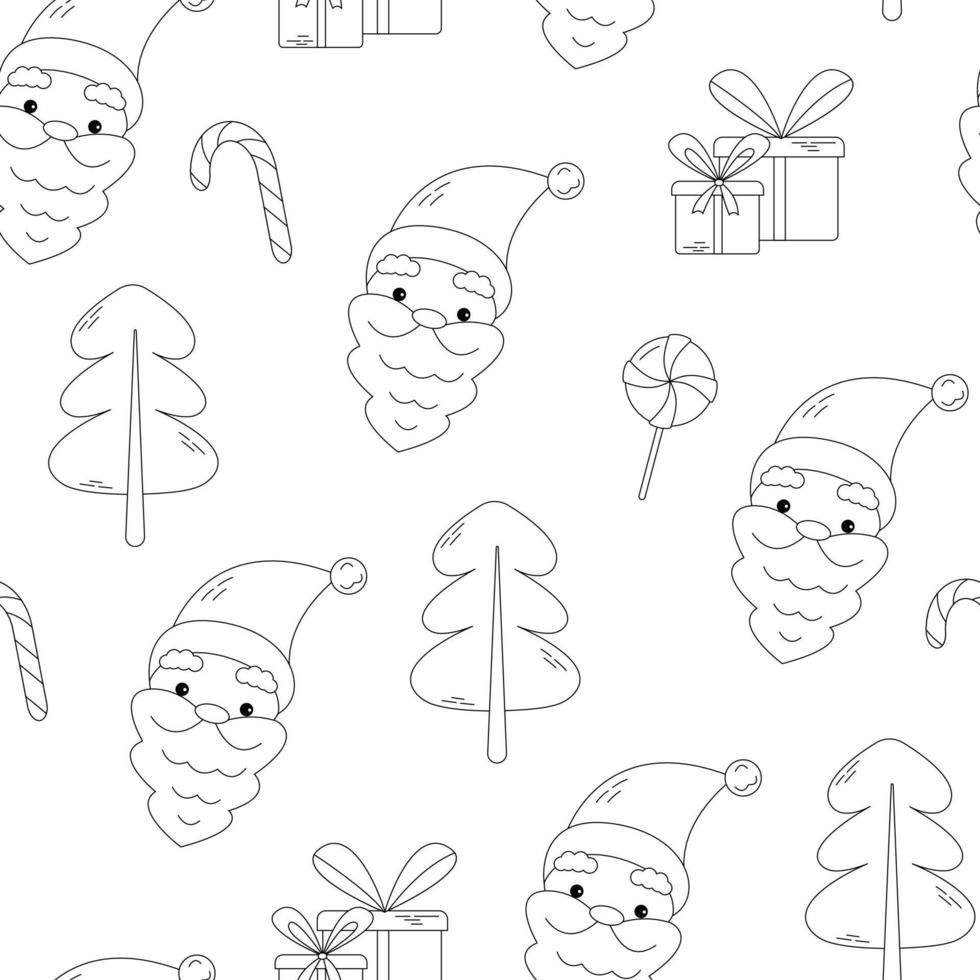Merry Christmas and Happy New Year. Hand drawn white seamless pattern. Winter holidays doodle, sketch drawing santa, tree and gifts. vector