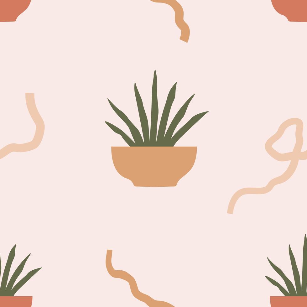 Beige Mid Century modern seamless pattern with pots, plants and abstract lines. Neutral background in a flat aesthetic style vector