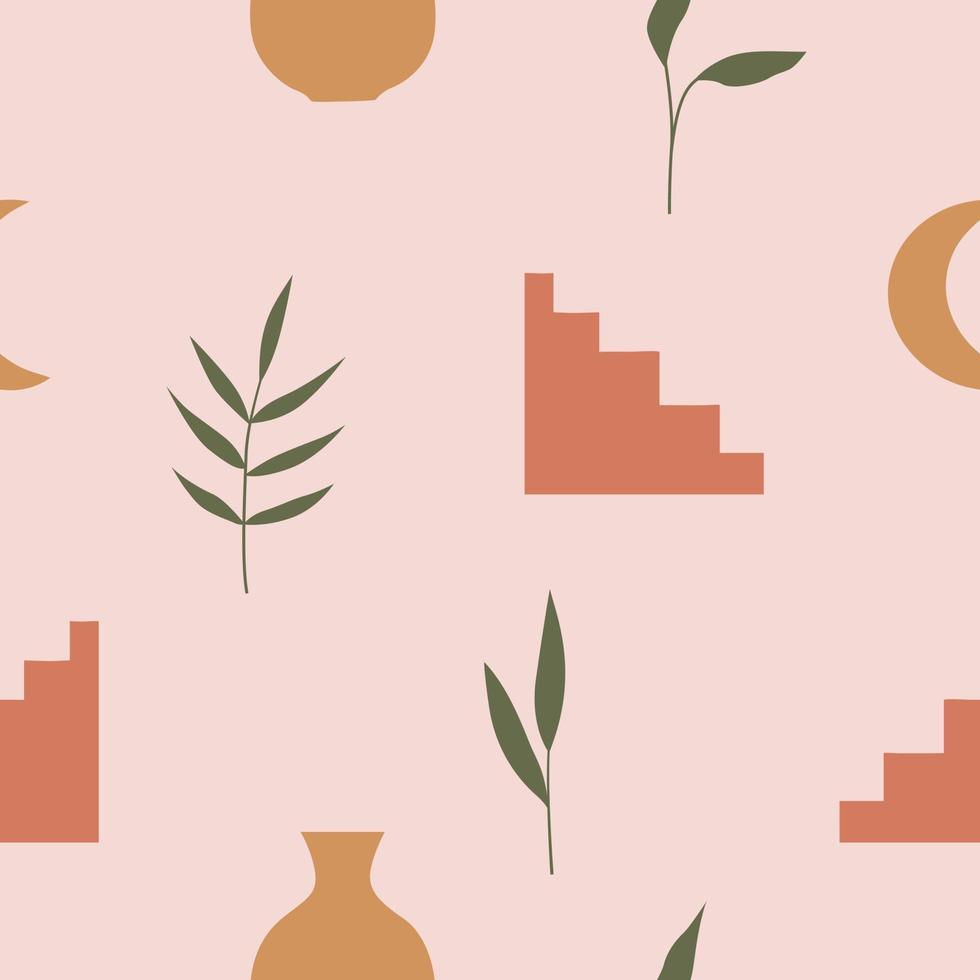 Beige Mid Century modern seamless pattern with vase, staircase, moon  and plants. Abstract background in a flat aesthetic style vector