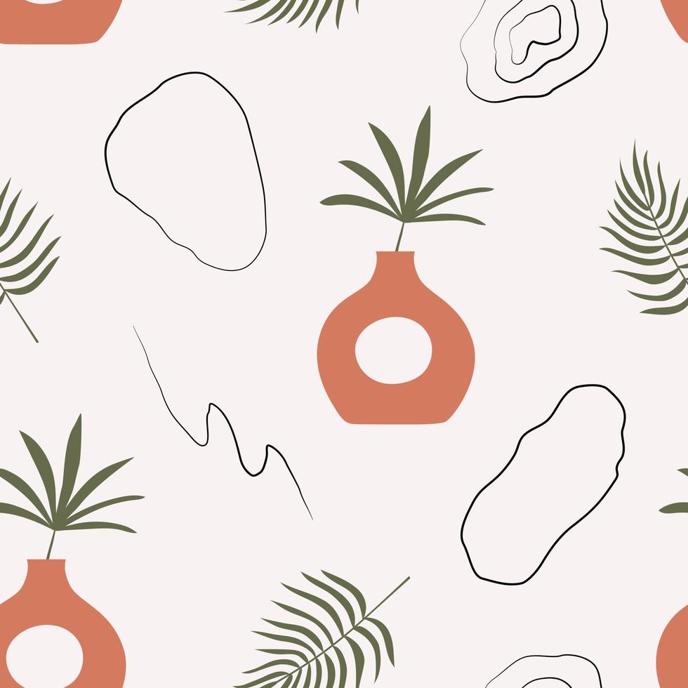 Beige Mid Century modern seamless pattern with vase, tropical plants and organic lines. Neutral background in a flat aesthetic style vector