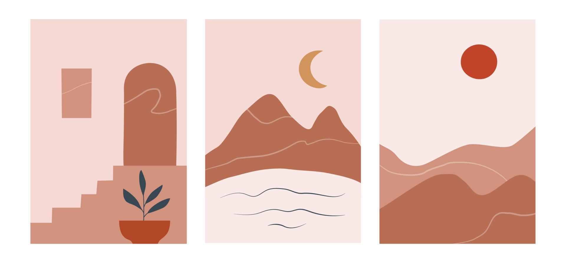 Minimalistic landscape poster set in hand drawn flat style. Perfect for wall art in the style of mid century modern vector