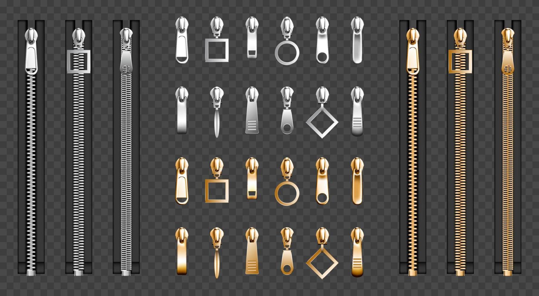 Metal zip fasteners, silver zippers puller set 15484160 Vector Art at