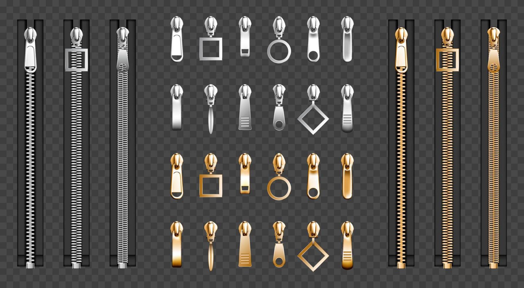 Metal zip fasteners, silver zippers puller set vector