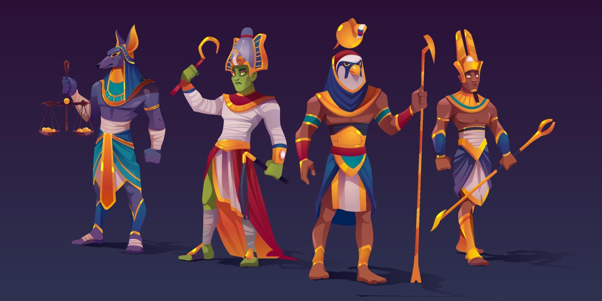 Egyptian gods Anubis, Ra, Amon, Osiris characters vector