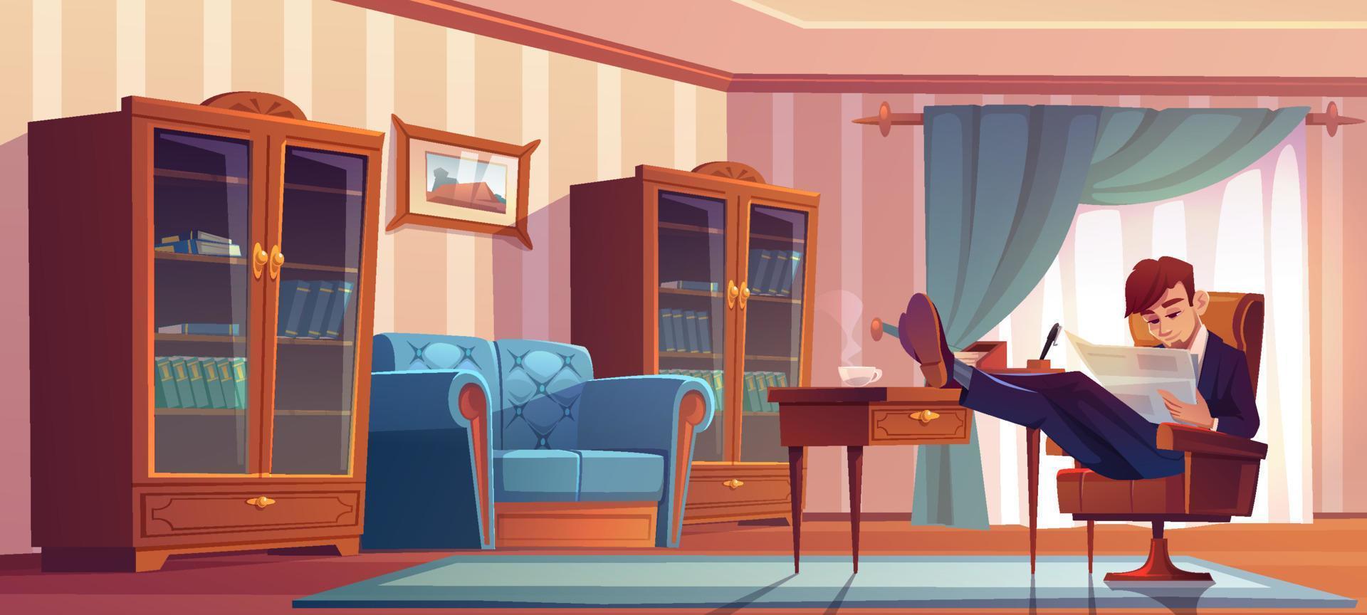 Businessman in vip cabinet reading finance news vector