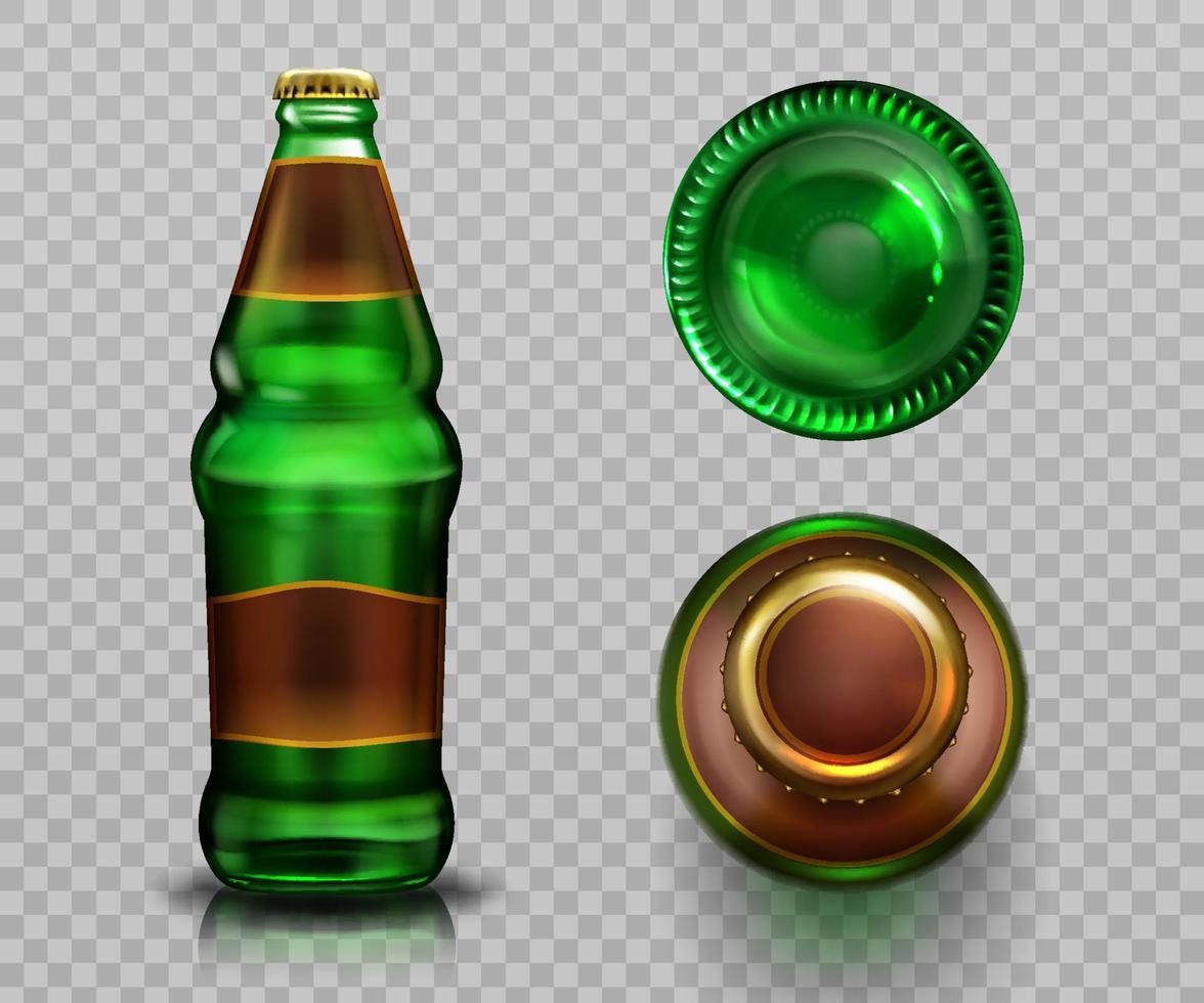 Beer bottle top and bottom view, alcohol drink vector