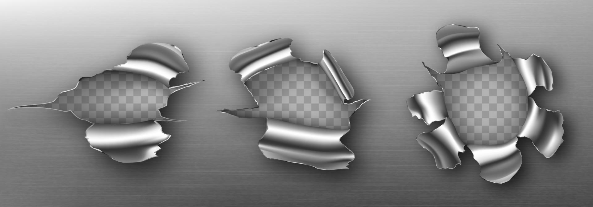 Metal rip holes with curly edges, ragged cracks vector