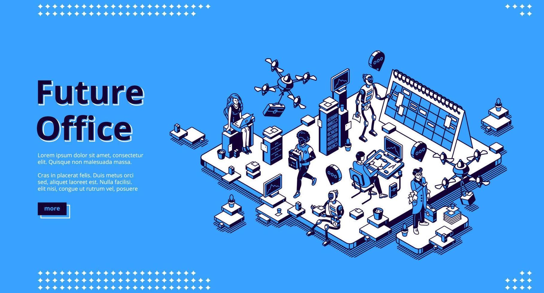 Future office isometric landing, human and robots vector