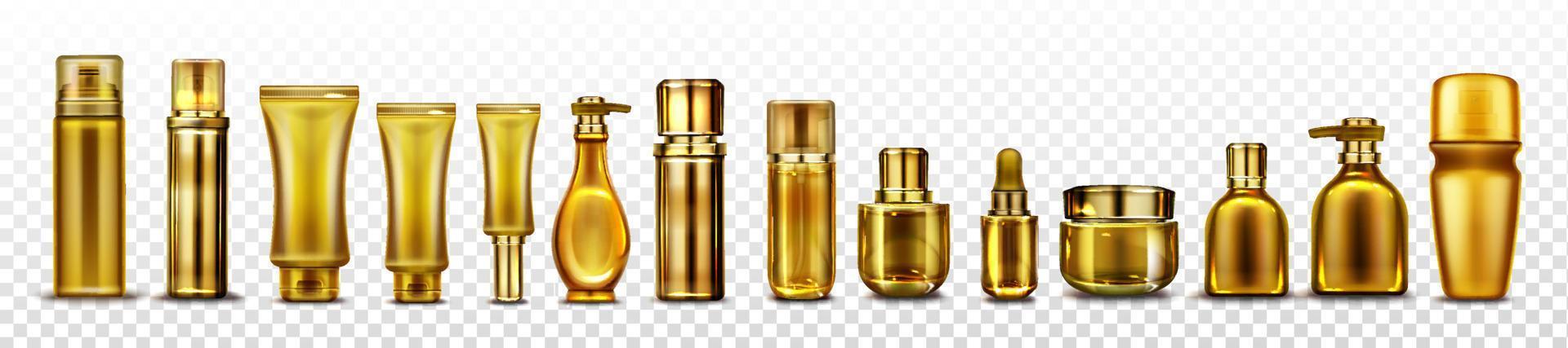 Gold cosmetic bottles mockup, cosmetics tubes set vector