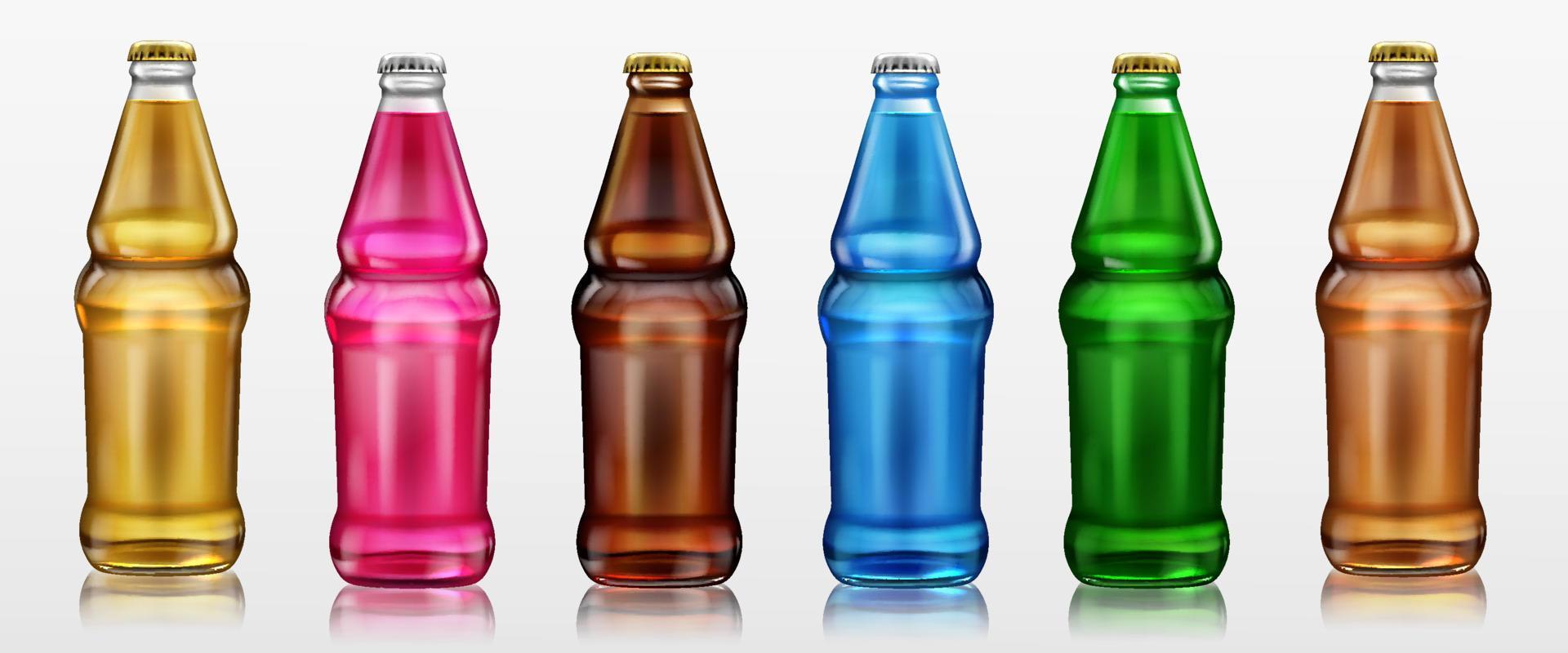 botellas de vidrio con bebidas, cerveza, refrescos y limonada vector