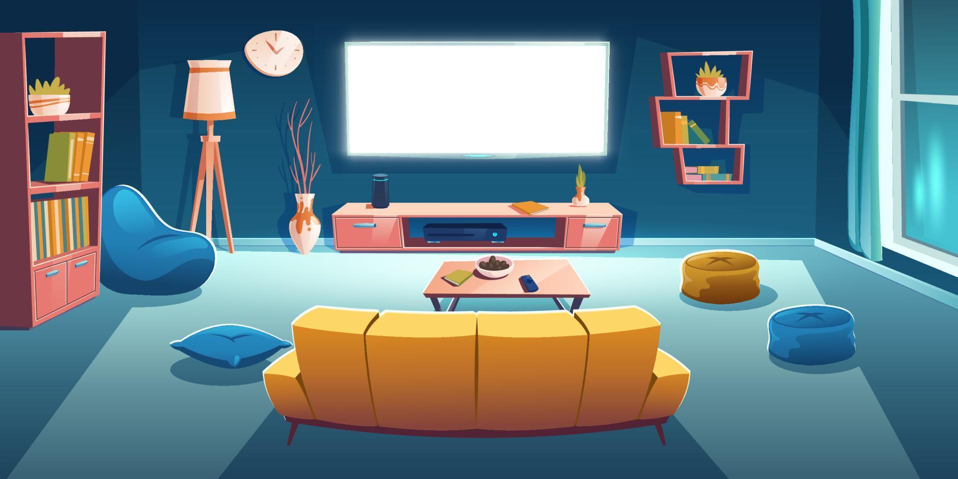 Living room interior with tv, sofa at night time vector