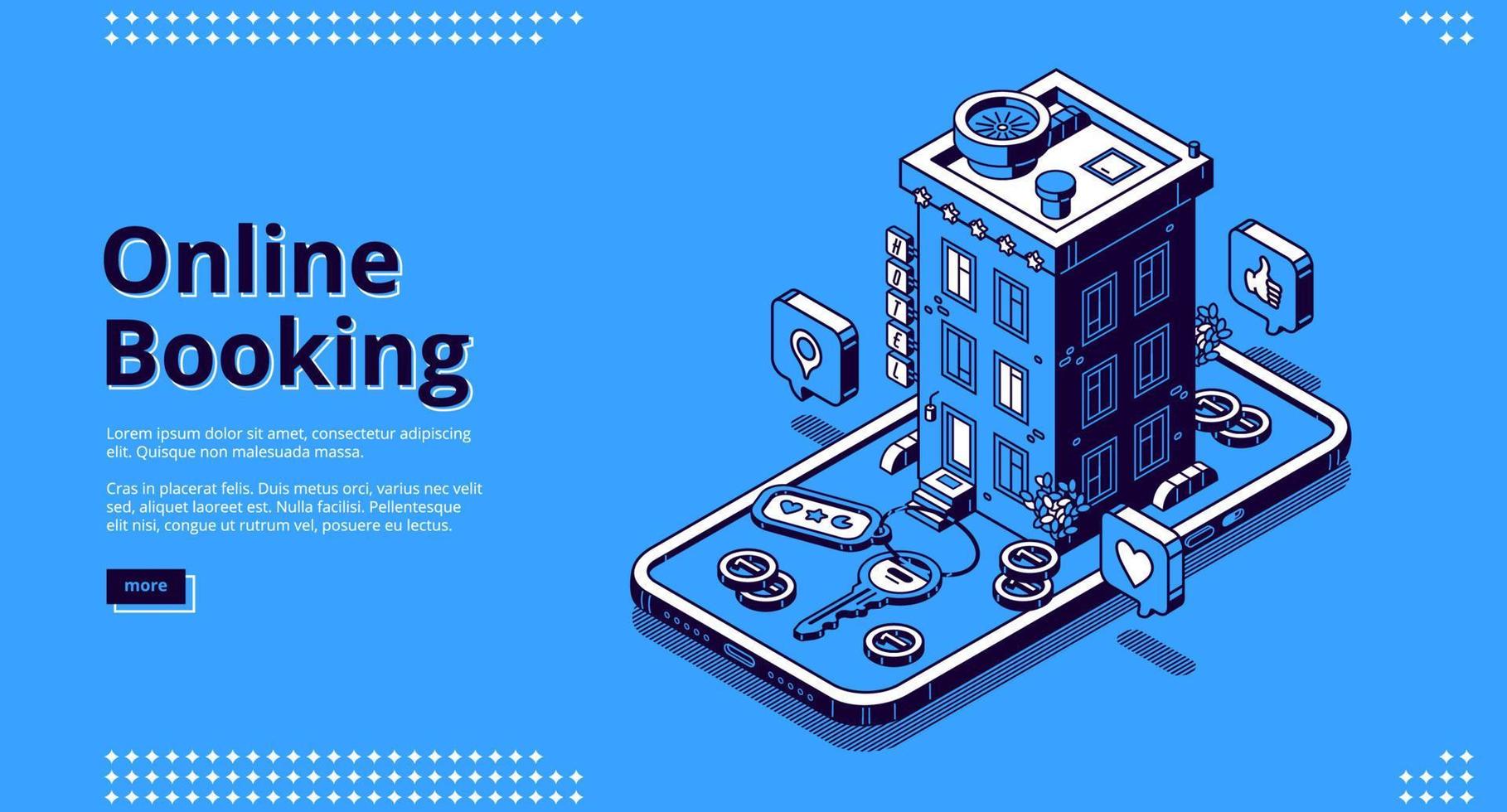 Online booking isometric landing, room reservation vector