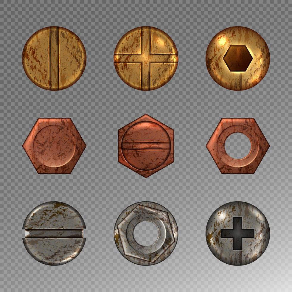 Old screw and nail heads set, metal bolts, rivets vector