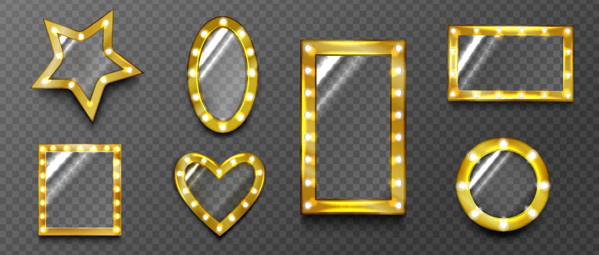 Retro mirrors, glass with gold lamp frames set vector