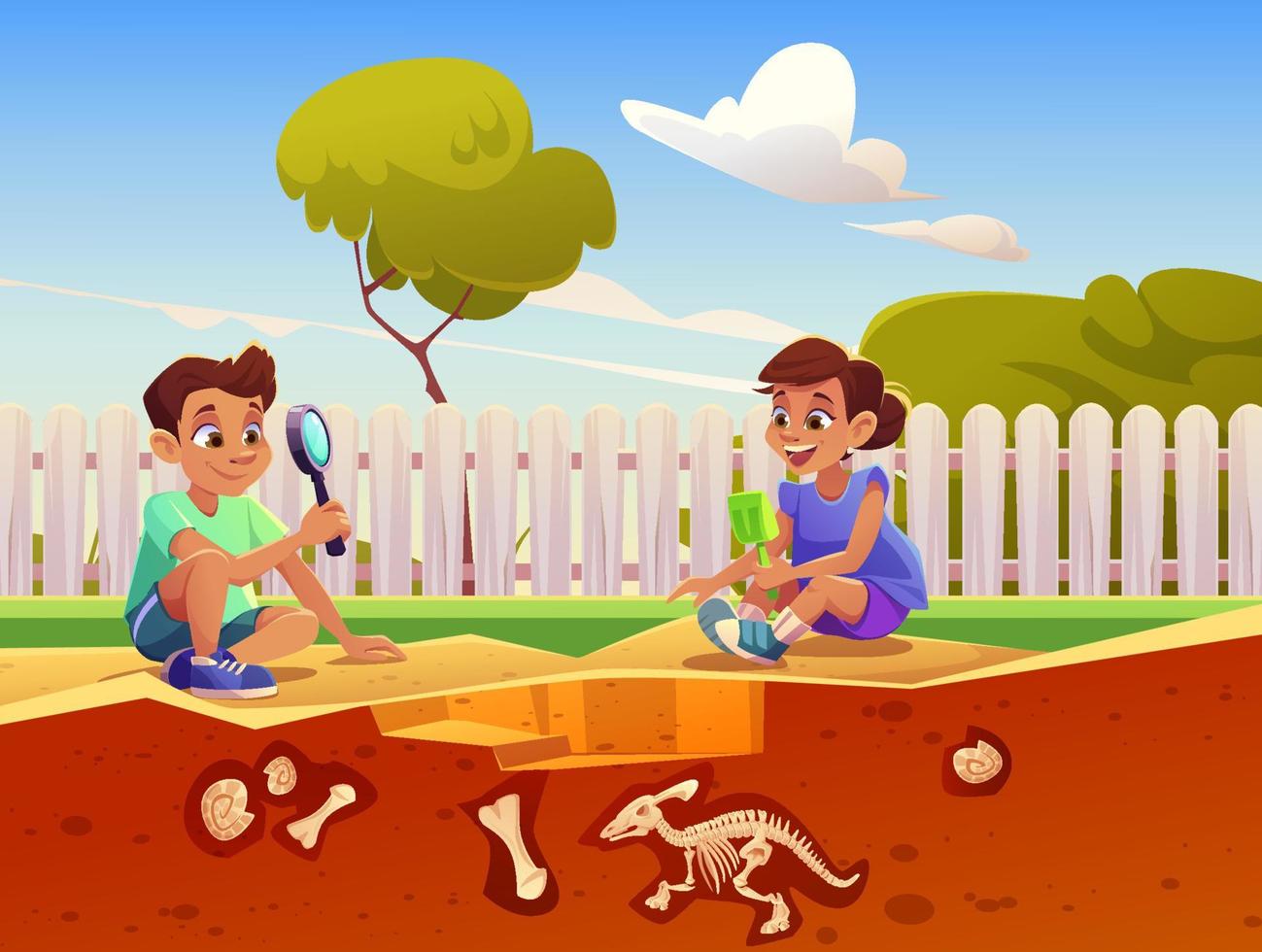 niños jugando en un juego con dinosaurios fósiles vector