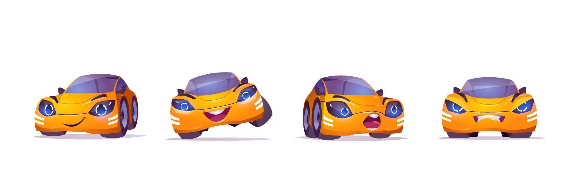 Cute yellow car character in different poses vector