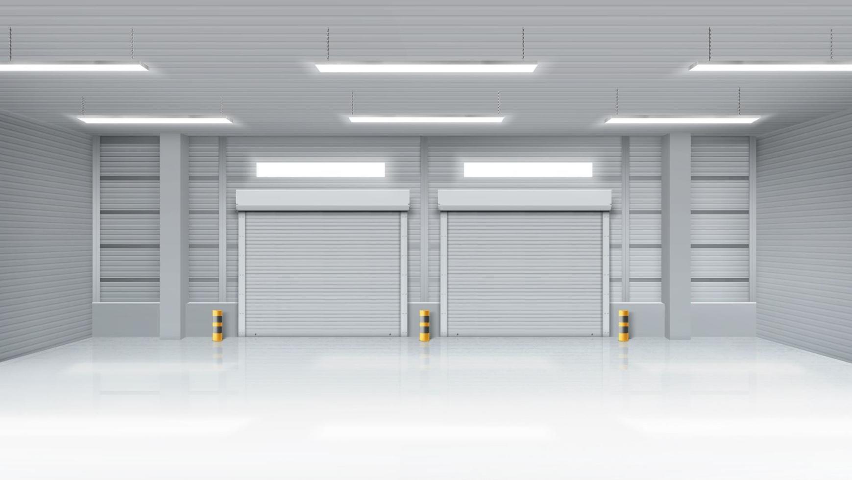 Empty warehouse interior with shatter roll gates vector