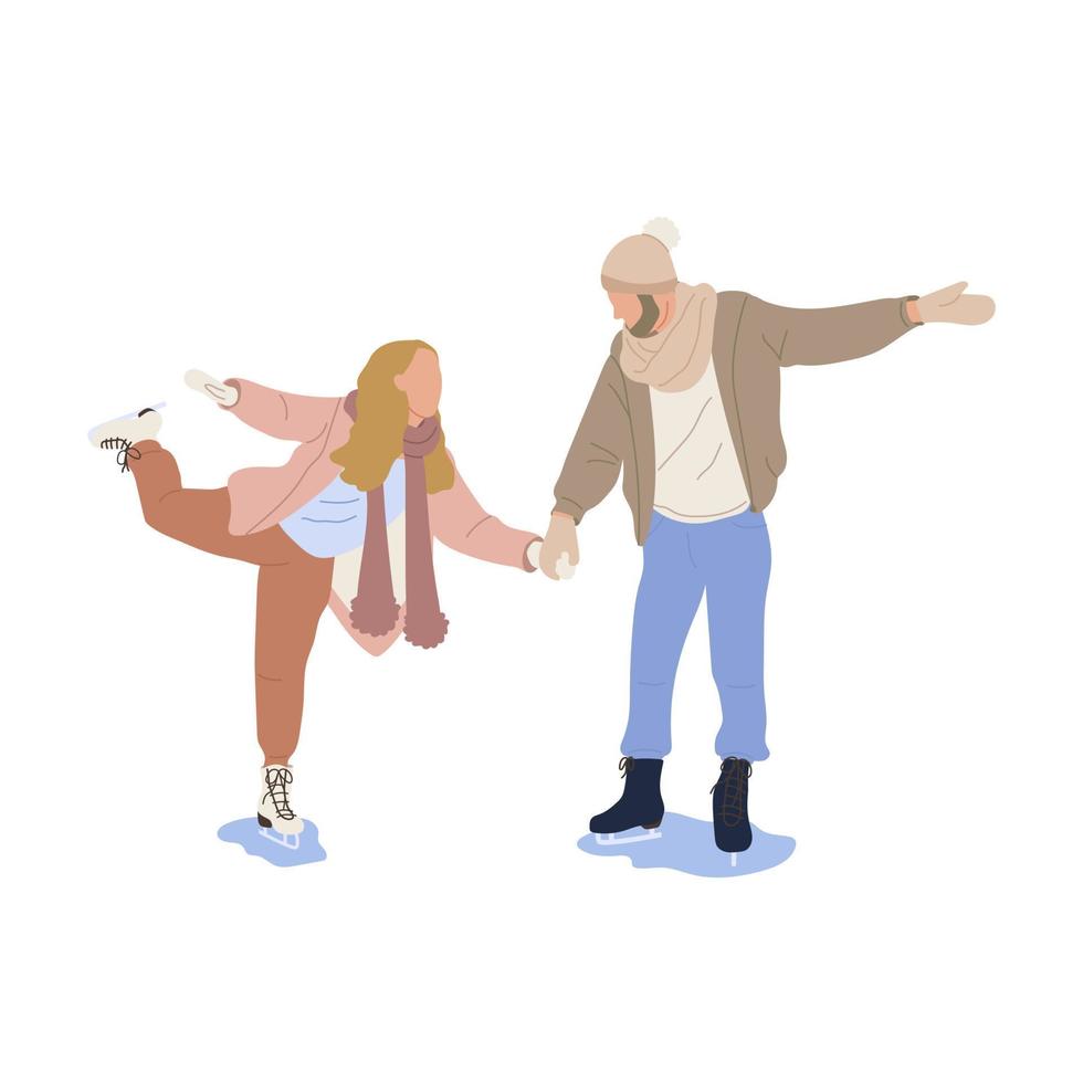 Happy Christmas holidays. Couple skating on ice rink outdoors in winter isolated on the white background. Man and woman skaters on wintertime holidays. Flat vector illustration.