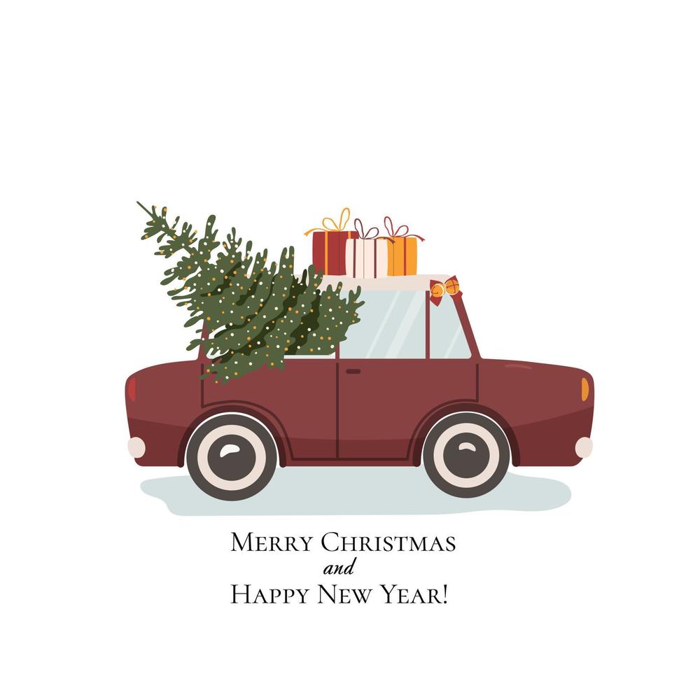 árbol de navidad de entrega de autos viejos. automóvil retro conduciendo abeto de navidad, preparándose para las vacaciones de invierno. postal de feliz navidad, invitación. ilustración vectorial plana aislada sobre fondo blanco vector