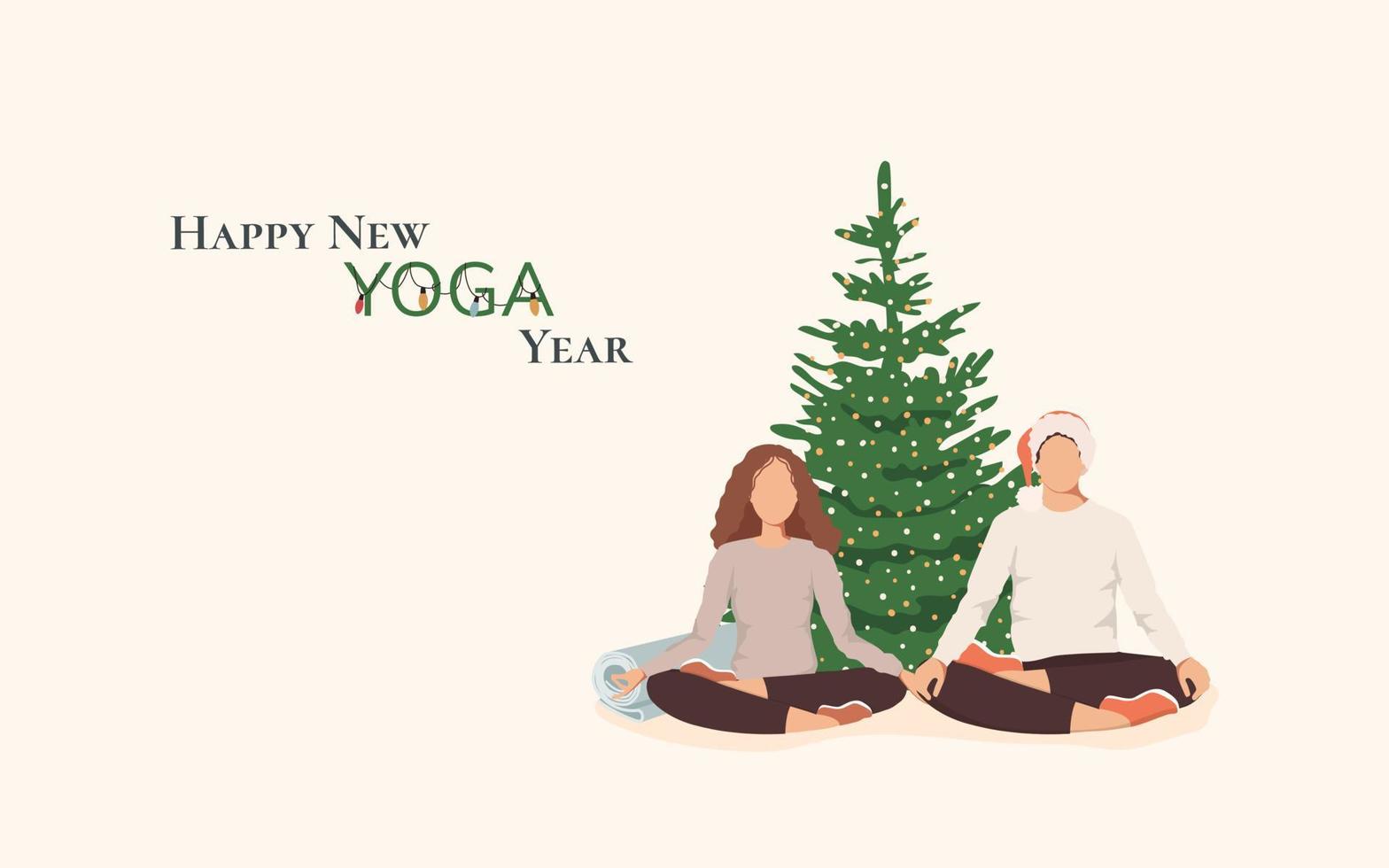 Happy New yoga Year banner with men and women meditating in lotus   poses isolated on the white background. Flat vector illustration