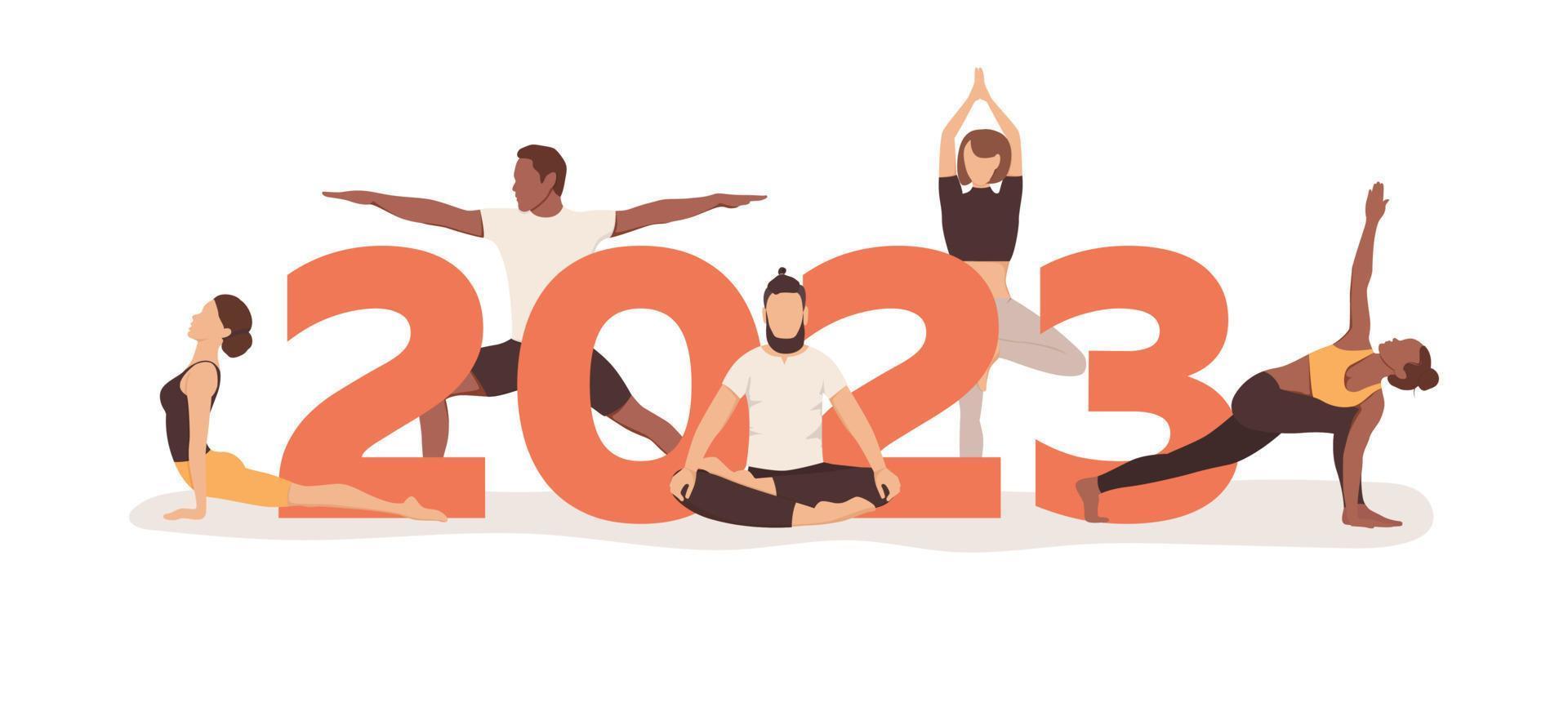 Happy New Year 2023 banner with men and women demonstrating different yoga poses isolated on the white background. Flat vector illustration