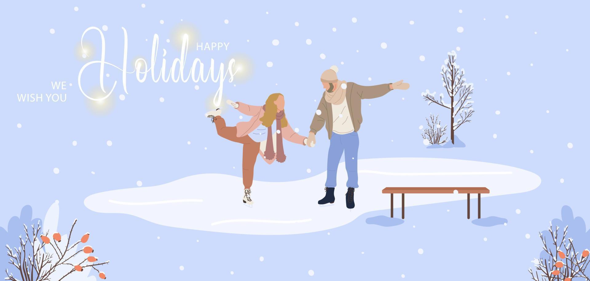 Happy Christmas holidays. Couple skating on ice rink outdoors in winter. Man and woman skaters in snowy park on wintertime holidays. Vector banner or greeting postcard.