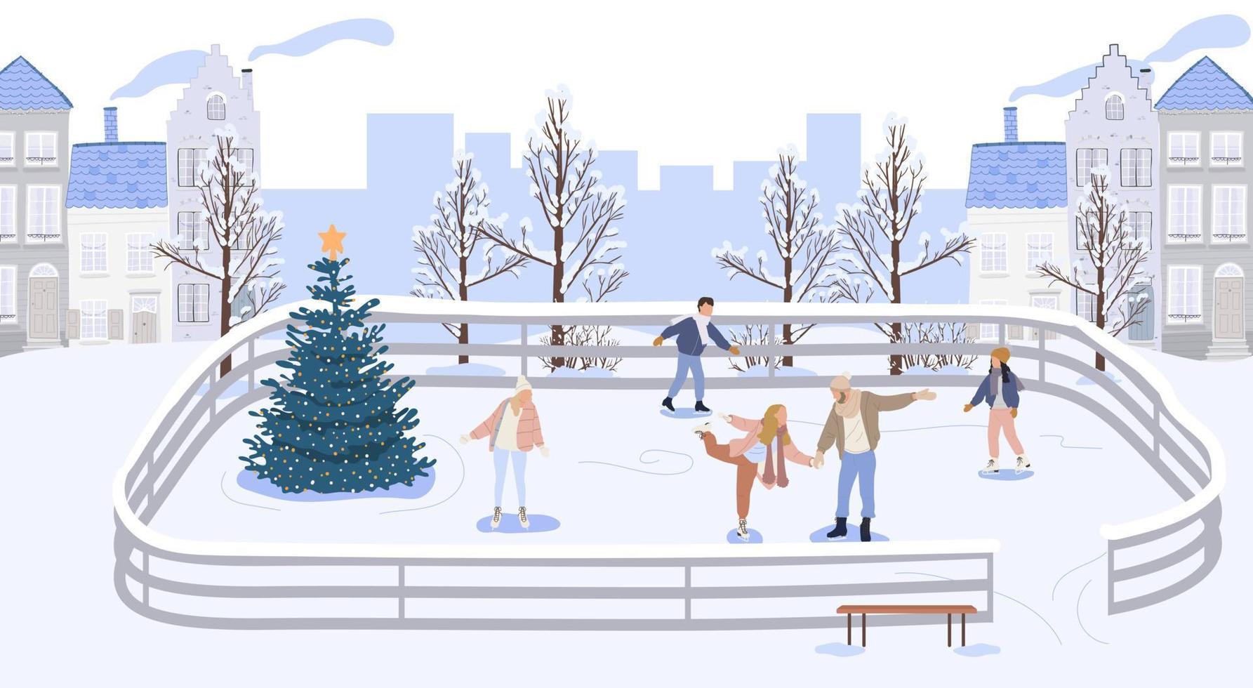 People skating at winter ice rink. Vector illustration