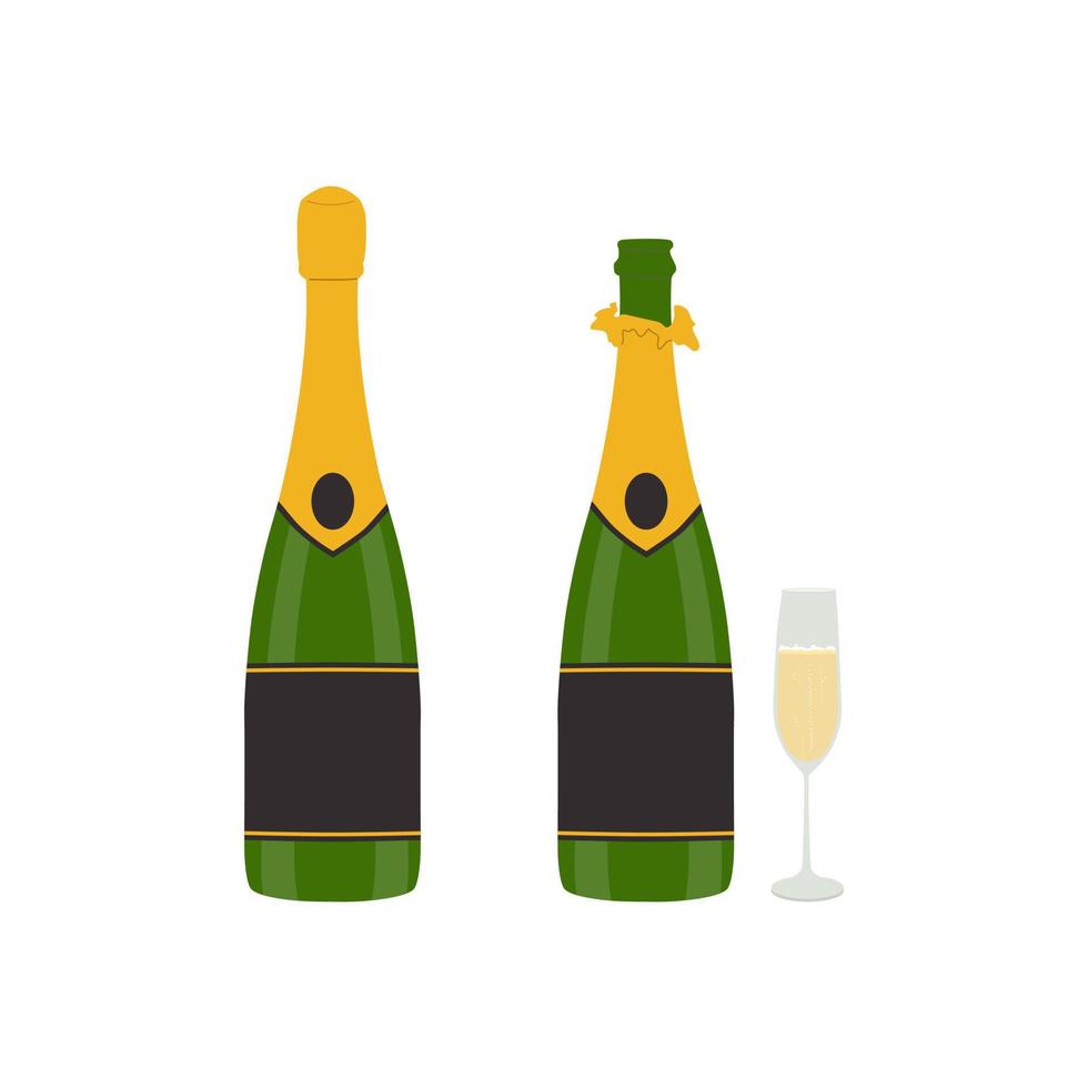 Closed and uncorked champagne bottle with glass of sparkling wine isolated on white background. Flat vector illustration. Holiday toast