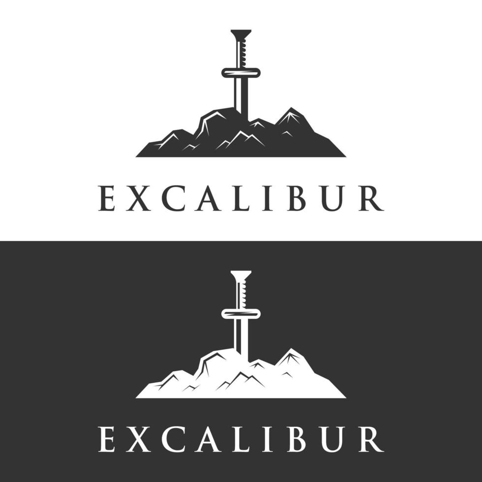 espada, escudo, diseño de plantilla de logotipo de silueta vintage excalibur. vector